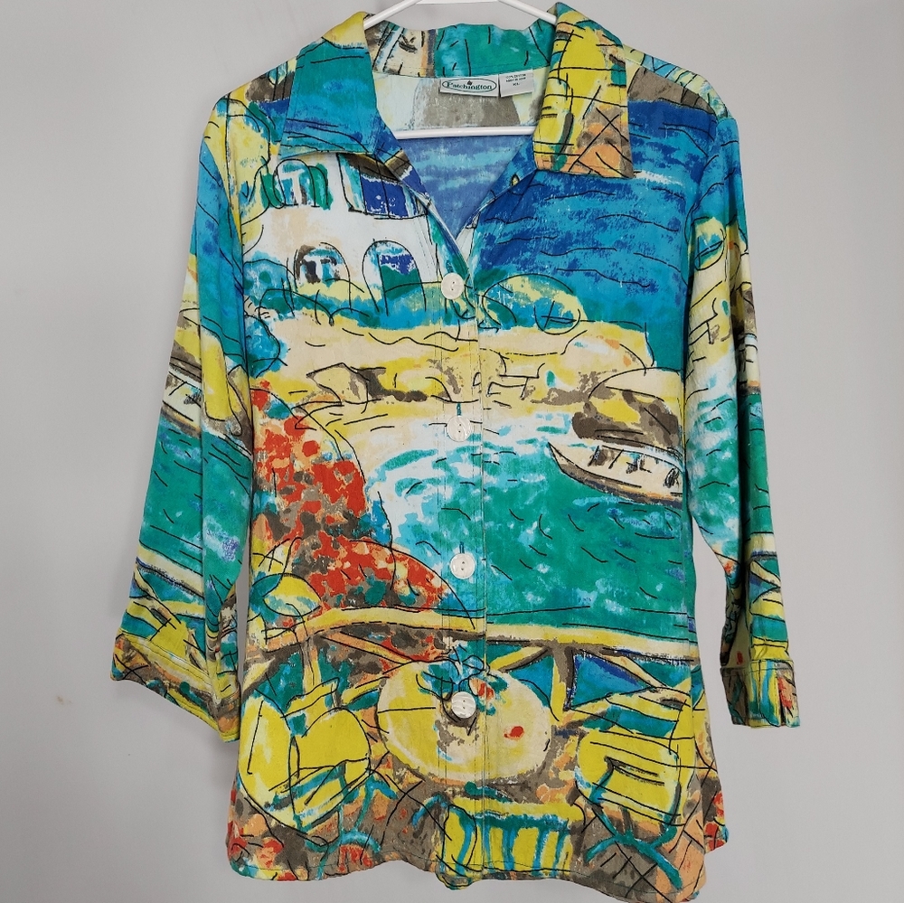 Vintage Shacket Shirt Jacket Beach Print Button XL